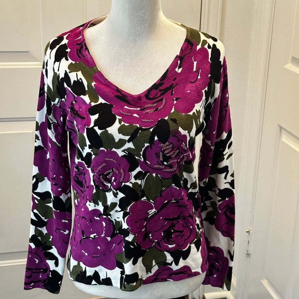 Pierri New York Floral Beaded V Neck Sweater M Magenta Plum Black
